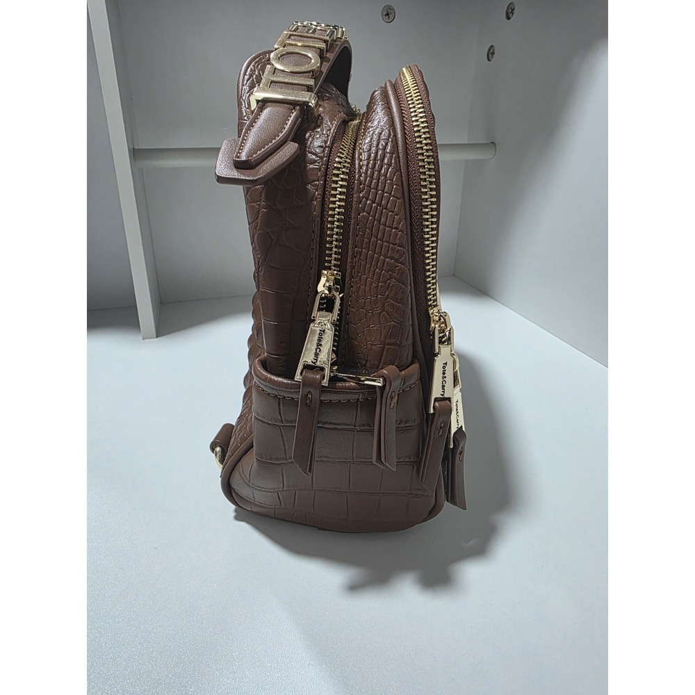 Tote & Carry Caramel Brown Croc Embossed Mini Backpack Purse Gold‎ Hardware NWT - Picture 4 of 14
